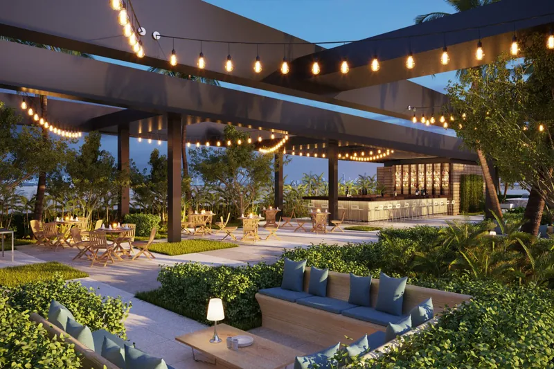 Rooftop cabanas and lounge seating at VIDA