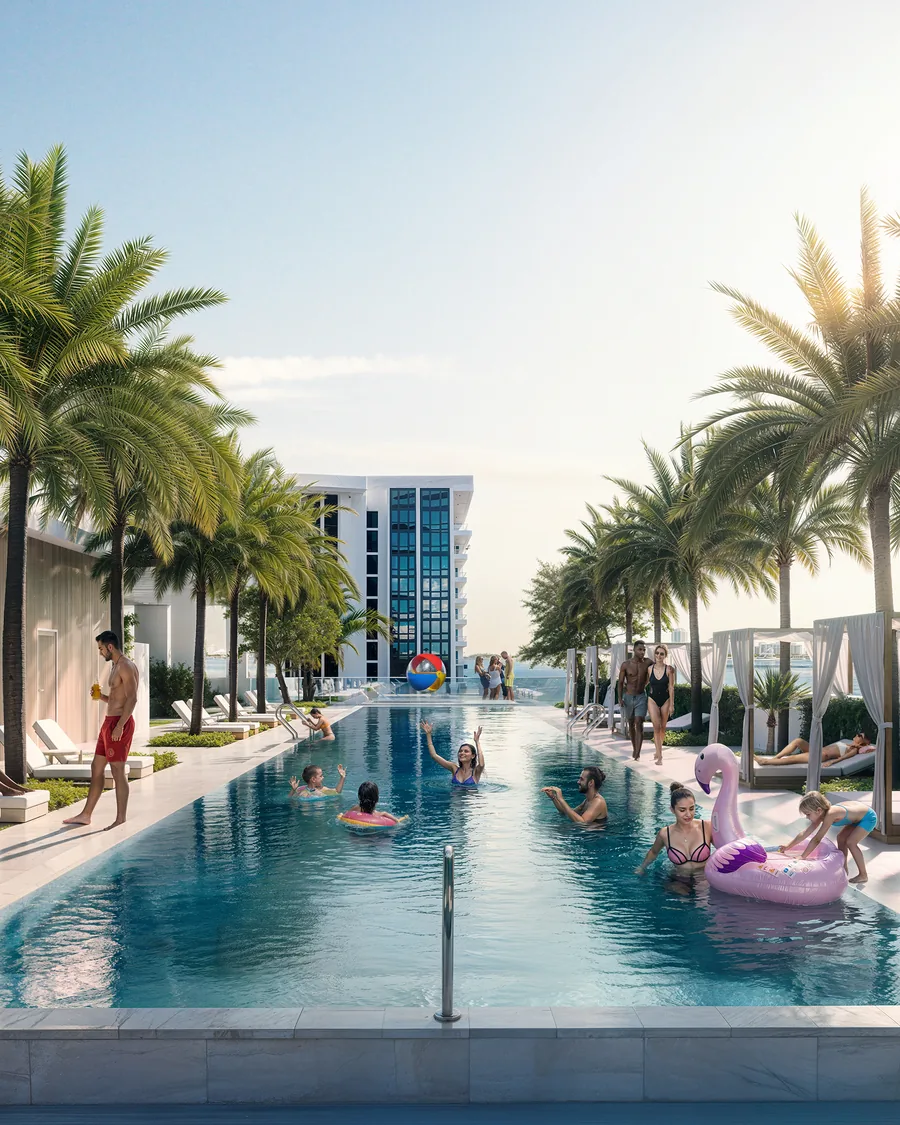 The VIDA rooftop pool and deck in the evening