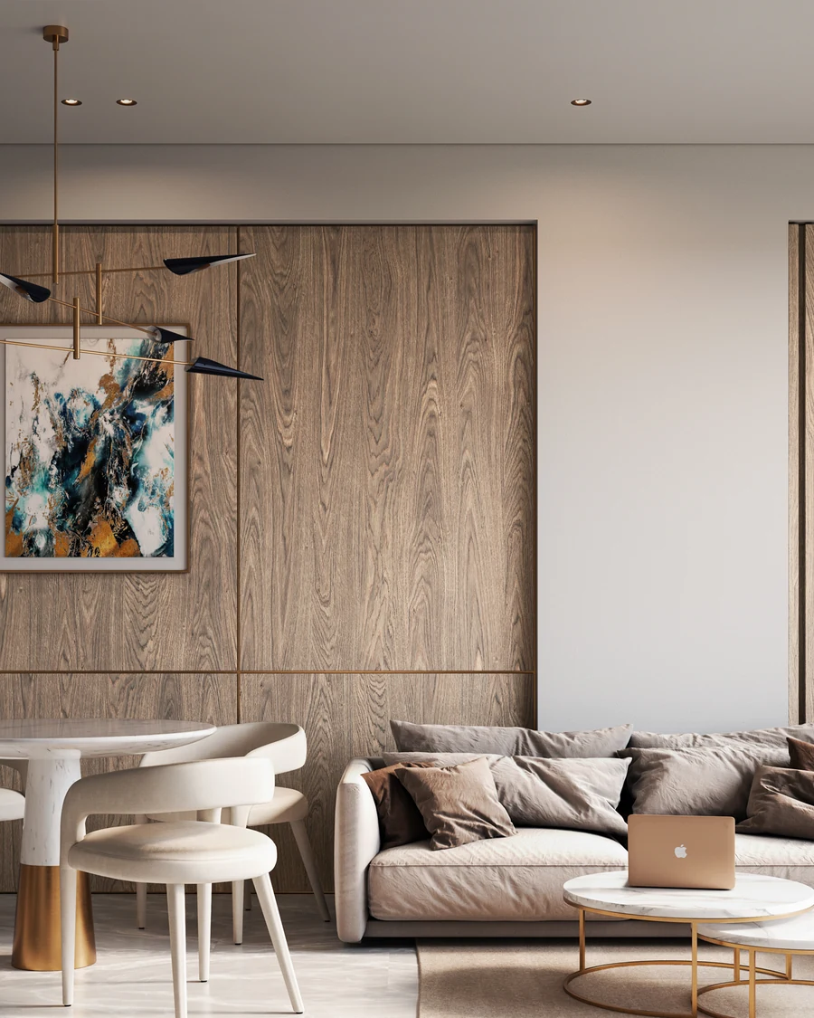 A three-bedroom suite living space at VIDA with warm daylight
