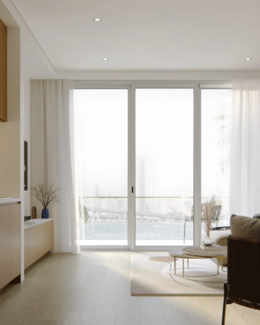 A two-bedroom suite at VIDA with a bright kitchen and living area